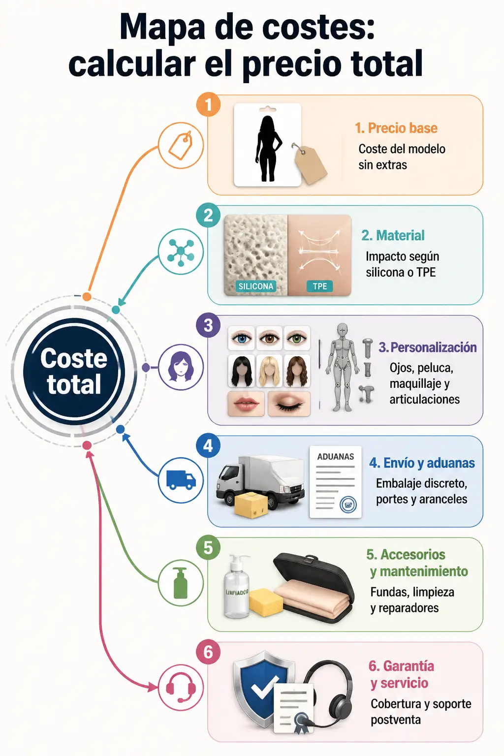 ¿Cuál es el precio de una muñeca sexual realista? 7 Diagrama radial que muestra cómo se compone el coste total de una muñeca sexual realista: precio base, material, personalización, envío y aduanas, accesorios y mantenimiento, más garantía y servicio. Precio de una muñeca sexual realista