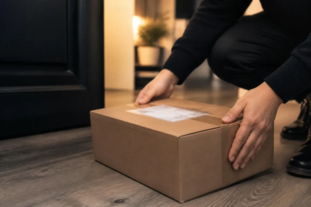 Caja de envío neutra siendo manipulada por manos adultas en una entrada doméstica, iluminación suave y estética discreta.